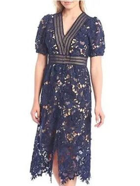 Adelyn Rae Navy Blue Adrian Crochet Lace V-Neck Dress Size small